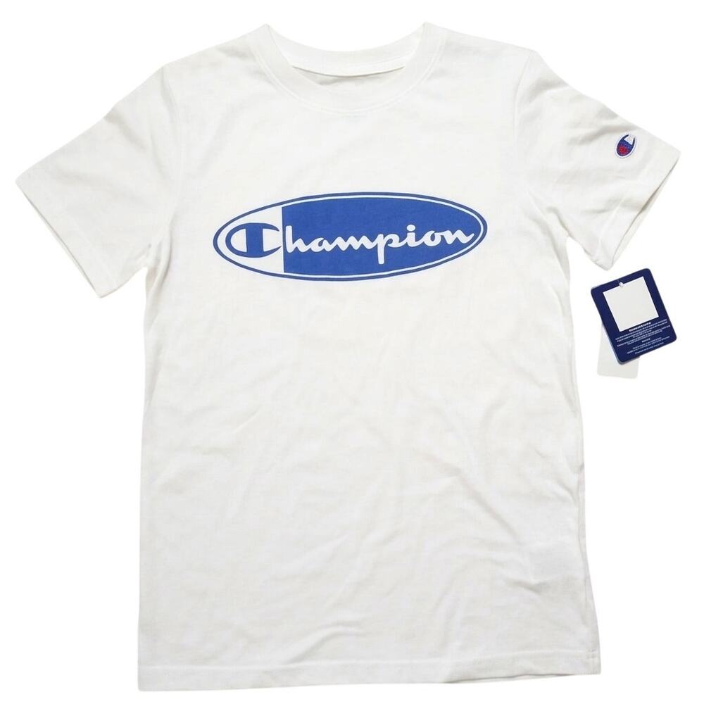 Champion Boysβ T-Shirt Size Small (S) White Crew Neck Short Sleeve Blue Logo